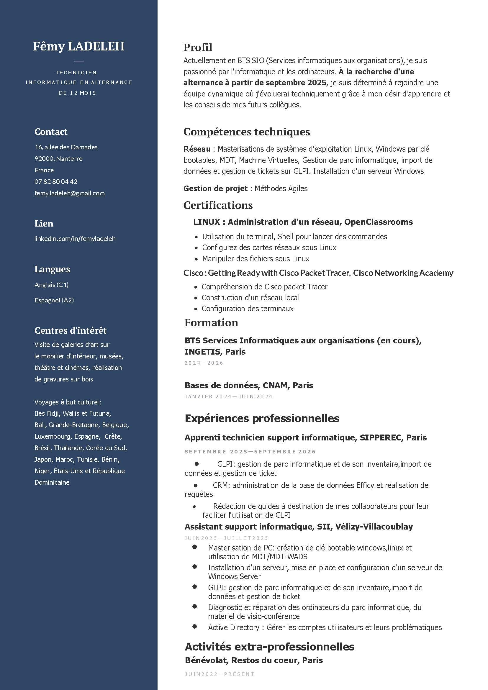 CV de Fêmy Ladeleh, technicien IT alternant