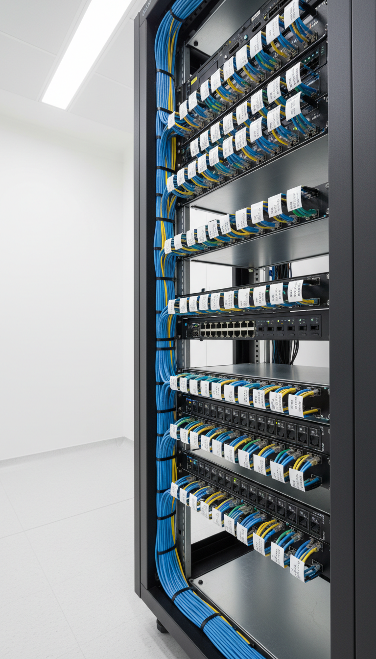 A close-up of a structured network equipment rack with perfectly ordered patch cables and labeled switches, set against a minimalist white server room wall. The rack features sleek, brushed metal finishes and vibrant indicator lights, adding a subtle pop of color amid neutral tones. Overhead fluorescent lighting casts even illumination, highlighting the precision and cleanliness of the installation while gentle shadows add depth. The atmosphere is analytical and precise, capturing a sense of technical reliability and professionalism. Framed at a slight side angle, the image uses a sharp focus throughout with a balanced, intentional composition that reflects a modern, structured IT workspace.
