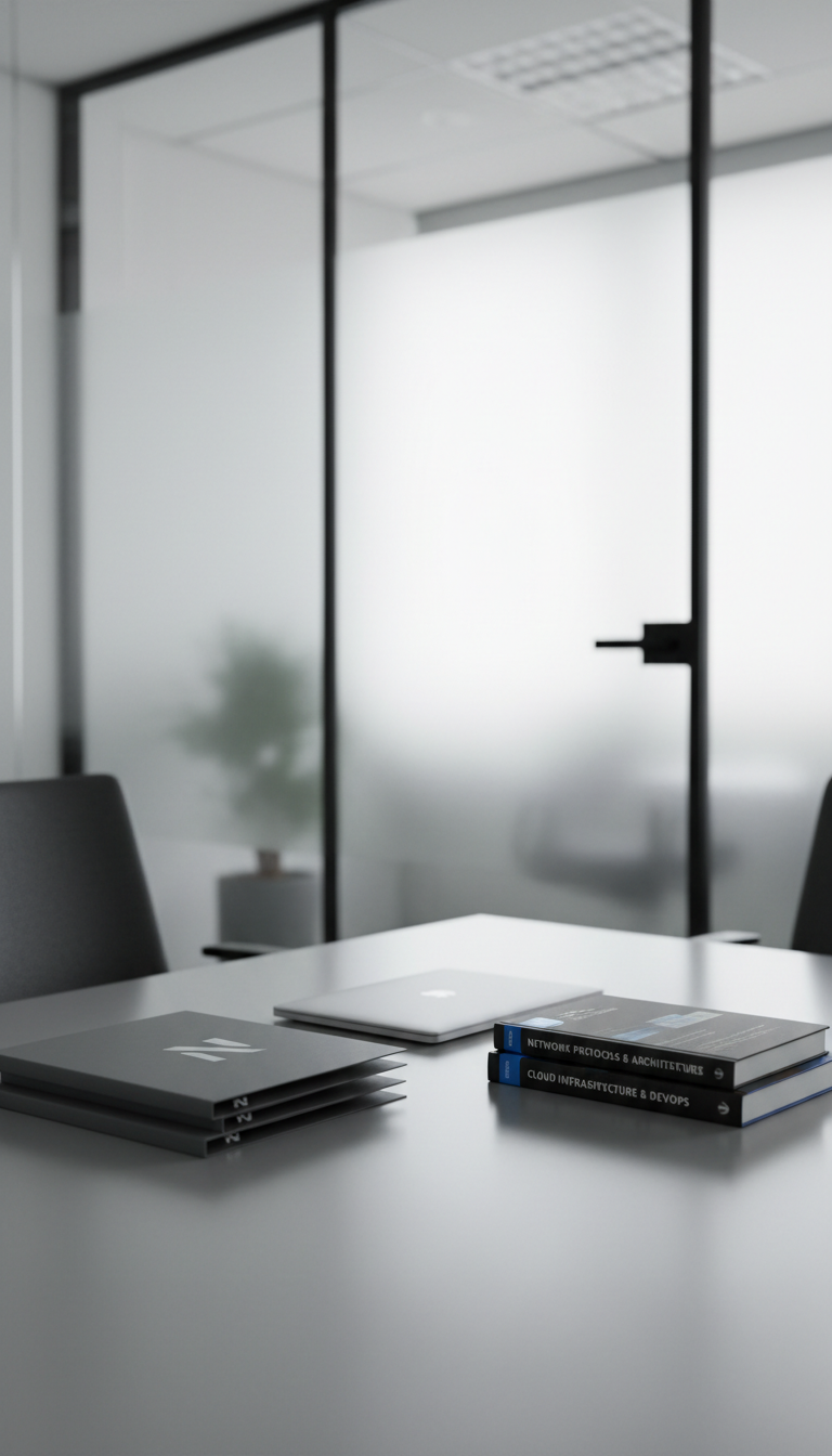 A stack of matte-finish, high-quality paper portfolios and a closed, minimalist laptop set on a smooth grey conference table. Nearby, a pair of neatly arranged technical books are visible, their spines referencing networking and infrastructure topics. The room is a glass-walled meeting space with natural daylight filtered through frosted panels, casting soft diffused light and subtle reflections across the table’s surface. The atmosphere feels composed and professional, underscoring organization and attention to detail. The shot is captured from a slightly elevated angle, employing rule-of-thirds composition with a shallow depth of field to add sophistication and focus, translated through photographic realism and a clean, corporate style.