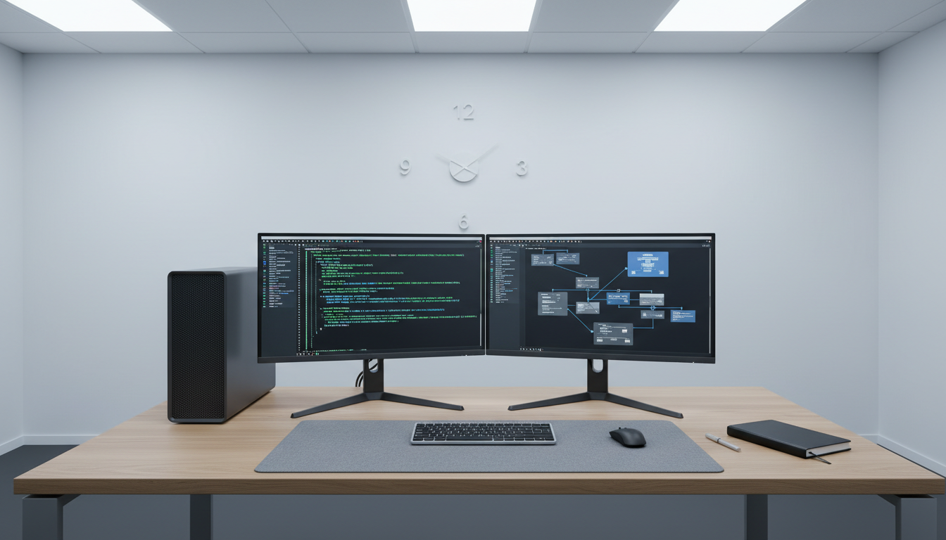 A meticulously organized workspace featuring a sleek, modern desktop computer setup with dual matte-screen monitors displaying lines of code and flowcharts. The desk is made of light oak with clean lines, complemented by a compact wireless keyboard and a closed black notebook. The environment is an uncluttered contemporary office, with soft overhead LED lighting bouncing off the white walls and creating crisp, gentle shadows. The mood is calm, focused, and professional, evoking a sense of efficiency and expertise. Captured at an eye-level perspective with balanced composition and sharp focus, the photographic style ensures a corporate, structured, and visually clean aesthetic—ideal for representing an IT professional’s portfolio environment.